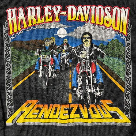 Vintage 80s Harley Davidson Rendezvous Waffle Thermal Longsleeve Black Biker - Picture 2 of 6